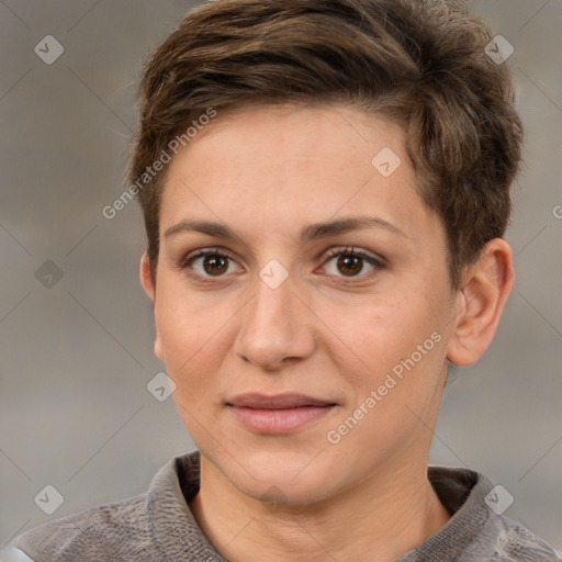 Joyful white adult female with short  brown hair and grey eyes