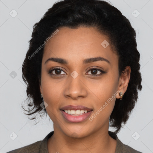 Joyful latino young-adult female with medium  black hair and brown eyes