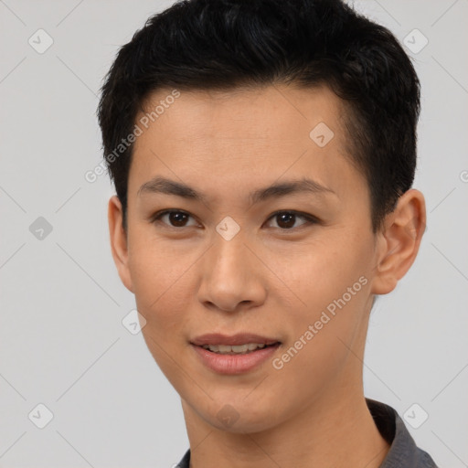 Joyful asian young-adult female with short  brown hair and brown eyes