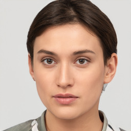 Neutral white young-adult female with short  brown hair and brown eyes