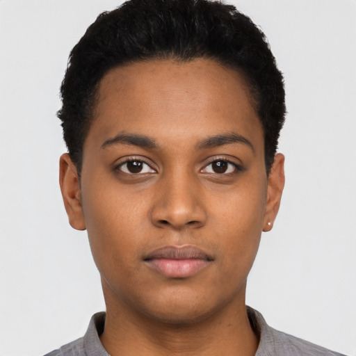 Neutral black young-adult female with short  black hair and brown eyes