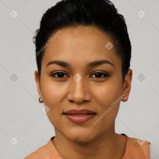 Joyful latino young-adult female with short  black hair and brown eyes