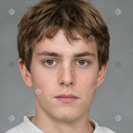 Neutral white young-adult male with short  brown hair and grey eyes