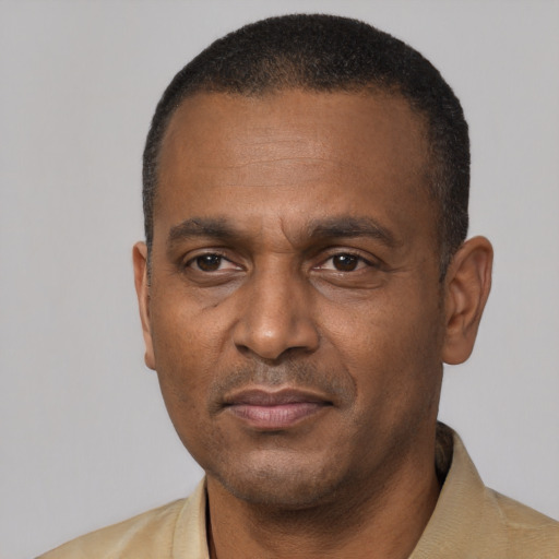 Neutral black adult male with short  black hair and brown eyes