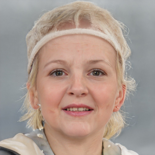 Joyful white young-adult female with medium  blond hair and blue eyes