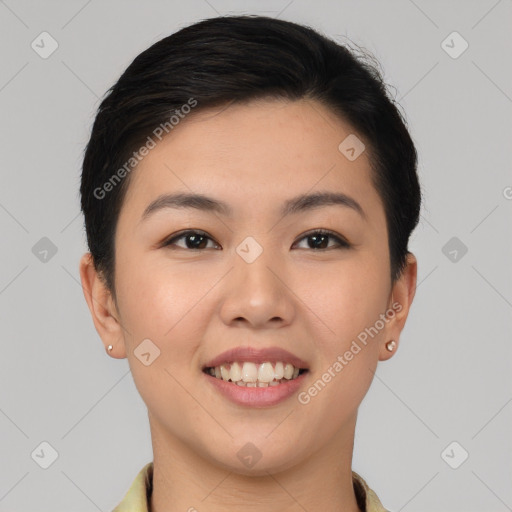 Joyful white young-adult female with short  brown hair and brown eyes