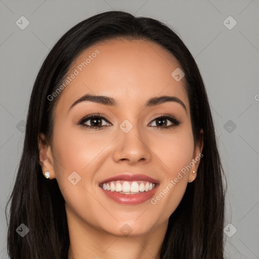 Joyful white young-adult female with long  brown hair and brown eyes