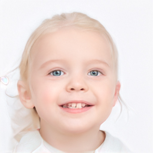 Joyful white child female with medium  brown hair and blue eyes