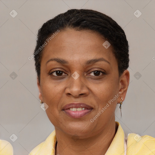 Joyful black adult female with short  brown hair and brown eyes