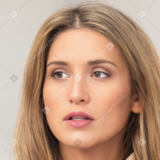 Neutral white young-adult female with long  brown hair and brown eyes