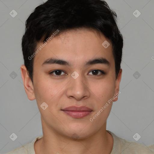 Joyful asian young-adult male with short  brown hair and brown eyes