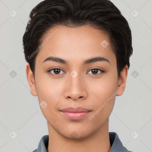 Joyful white young-adult female with short  brown hair and brown eyes