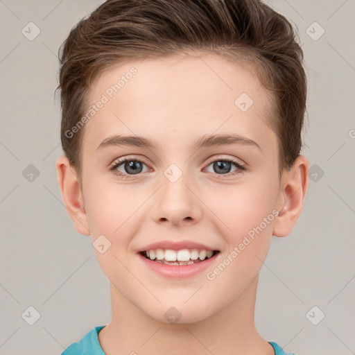 Joyful white child female with short  brown hair and brown eyes