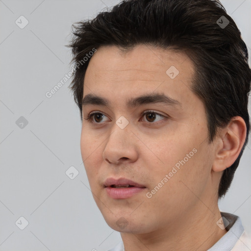 Neutral white adult male with short  black hair and brown eyes