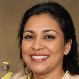 Joyful white adult female with medium  brown hair and brown eyes