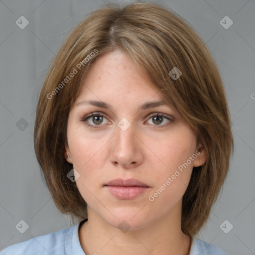 Neutral white young-adult female with medium  brown hair and brown eyes