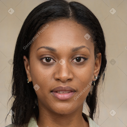 Joyful black young-adult female with long  brown hair and brown eyes