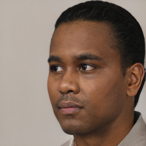 Neutral black young-adult male with short  black hair and brown eyes