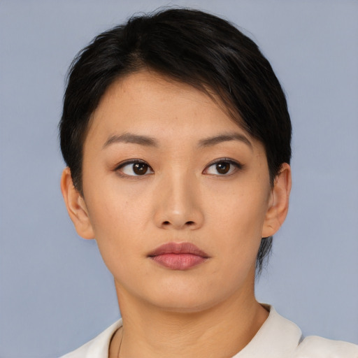 Neutral asian young-adult female with short  brown hair and brown eyes