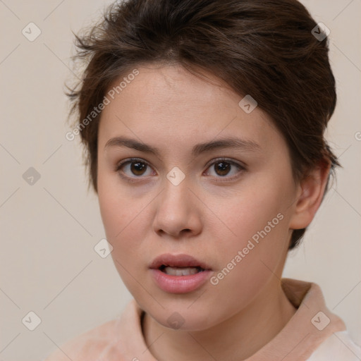 Neutral white young-adult female with short  brown hair and brown eyes