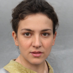 Neutral white young-adult female with short  brown hair and brown eyes