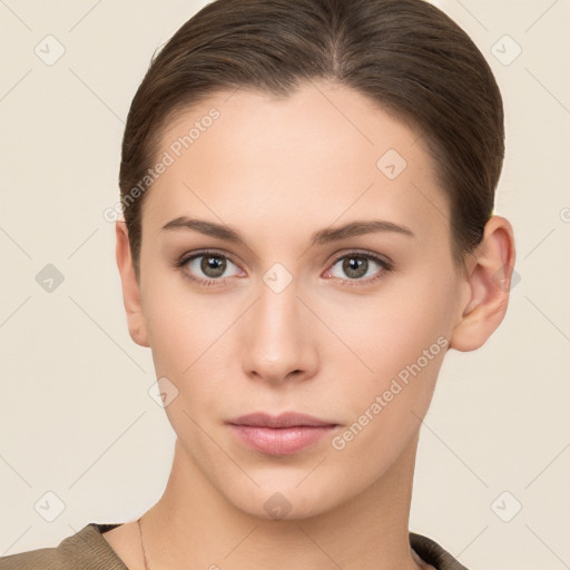 Neutral white young-adult female with short  brown hair and brown eyes