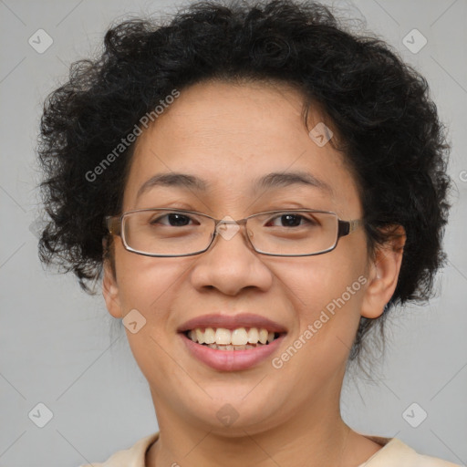 Joyful asian adult female with short  brown hair and brown eyes