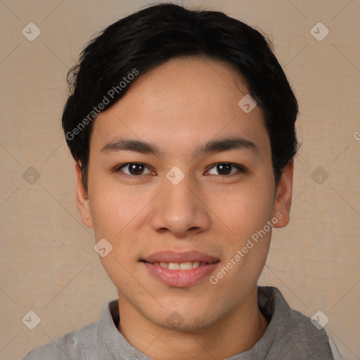 Joyful asian young-adult male with short  black hair and brown eyes