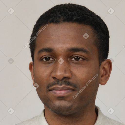 Neutral black young-adult male with short  black hair and brown eyes