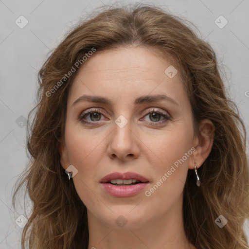 Joyful white young-adult female with long  brown hair and green eyes