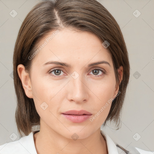 Neutral white young-adult female with medium  brown hair and brown eyes