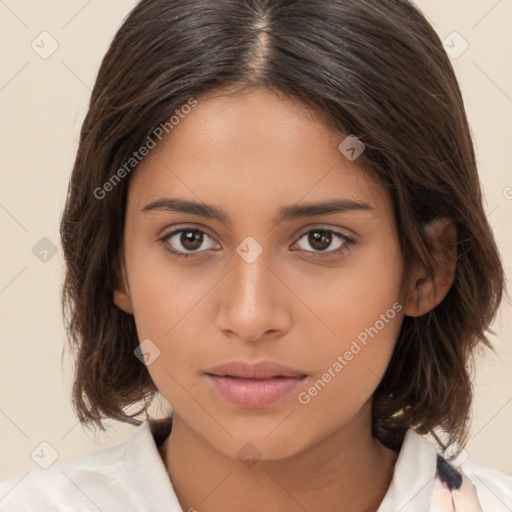 Neutral white young-adult female with medium  brown hair and brown eyes