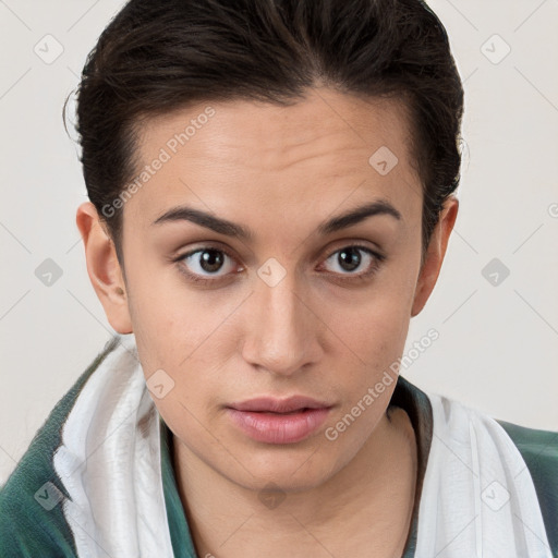 Neutral white young-adult female with short  brown hair and brown eyes