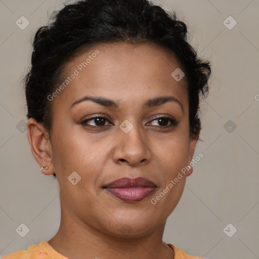 Joyful latino young-adult female with short  brown hair and brown eyes