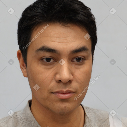 Neutral asian young-adult male with short  black hair and brown eyes