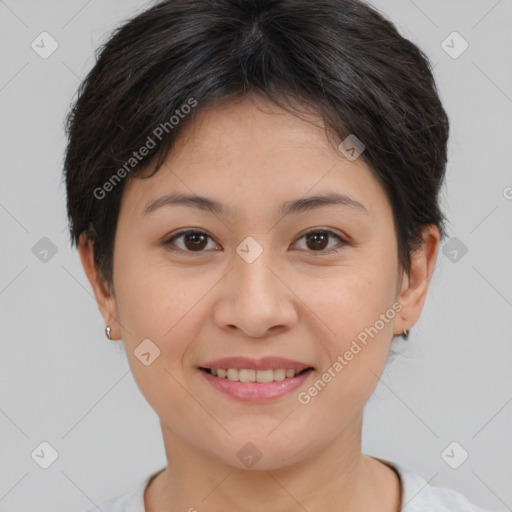 Joyful white young-adult female with medium  brown hair and brown eyes