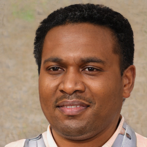 Joyful black adult male with short  black hair and brown eyes