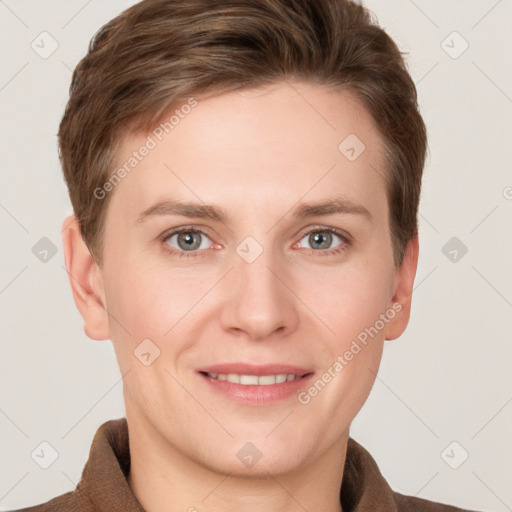 Joyful white young-adult female with short  brown hair and grey eyes