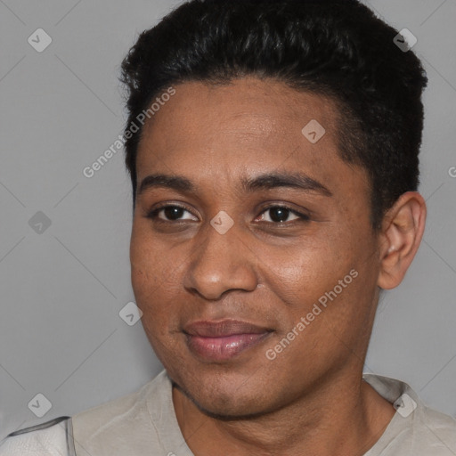 Joyful black young-adult male with short  black hair and brown eyes