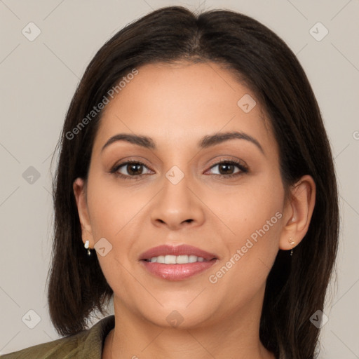 Joyful white young-adult female with long  brown hair and brown eyes