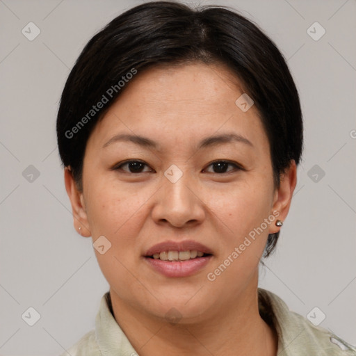 Joyful white adult female with short  brown hair and brown eyes