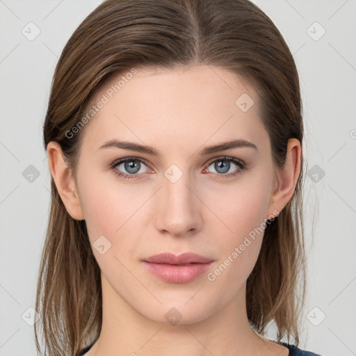 Neutral white young-adult female with medium  brown hair and grey eyes