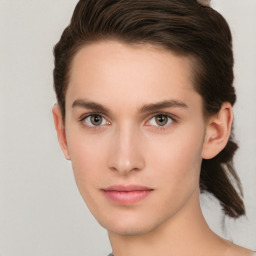 Neutral white young-adult female with short  brown hair and brown eyes