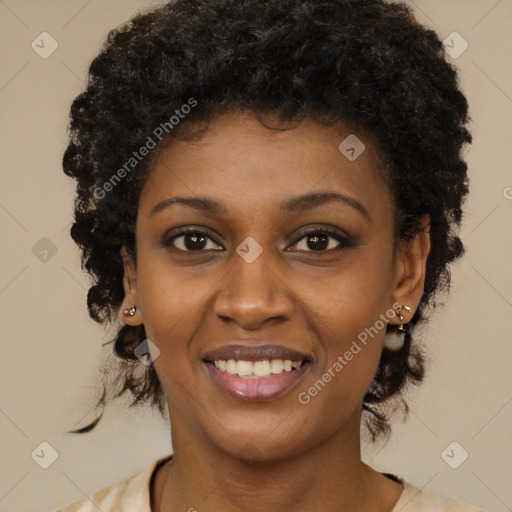 Joyful black young-adult female with medium  black hair and brown eyes