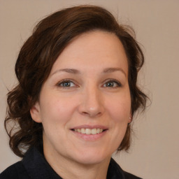 Joyful white adult female with medium  brown hair and brown eyes