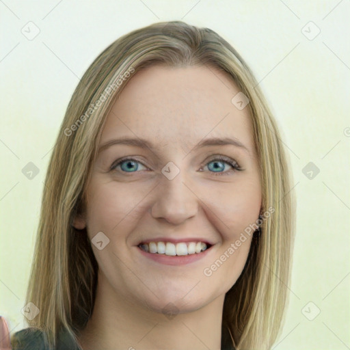 Joyful white young-adult female with long  brown hair and green eyes