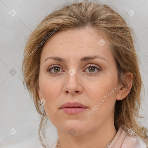 Neutral white young-adult female with medium  brown hair and brown eyes