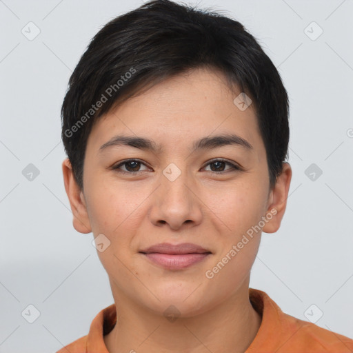 Joyful asian young-adult female with short  brown hair and brown eyes