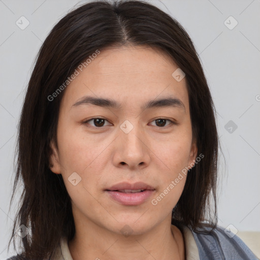 Neutral asian young-adult female with medium  brown hair and brown eyes