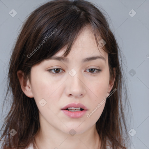 Neutral white young-adult female with medium  brown hair and brown eyes